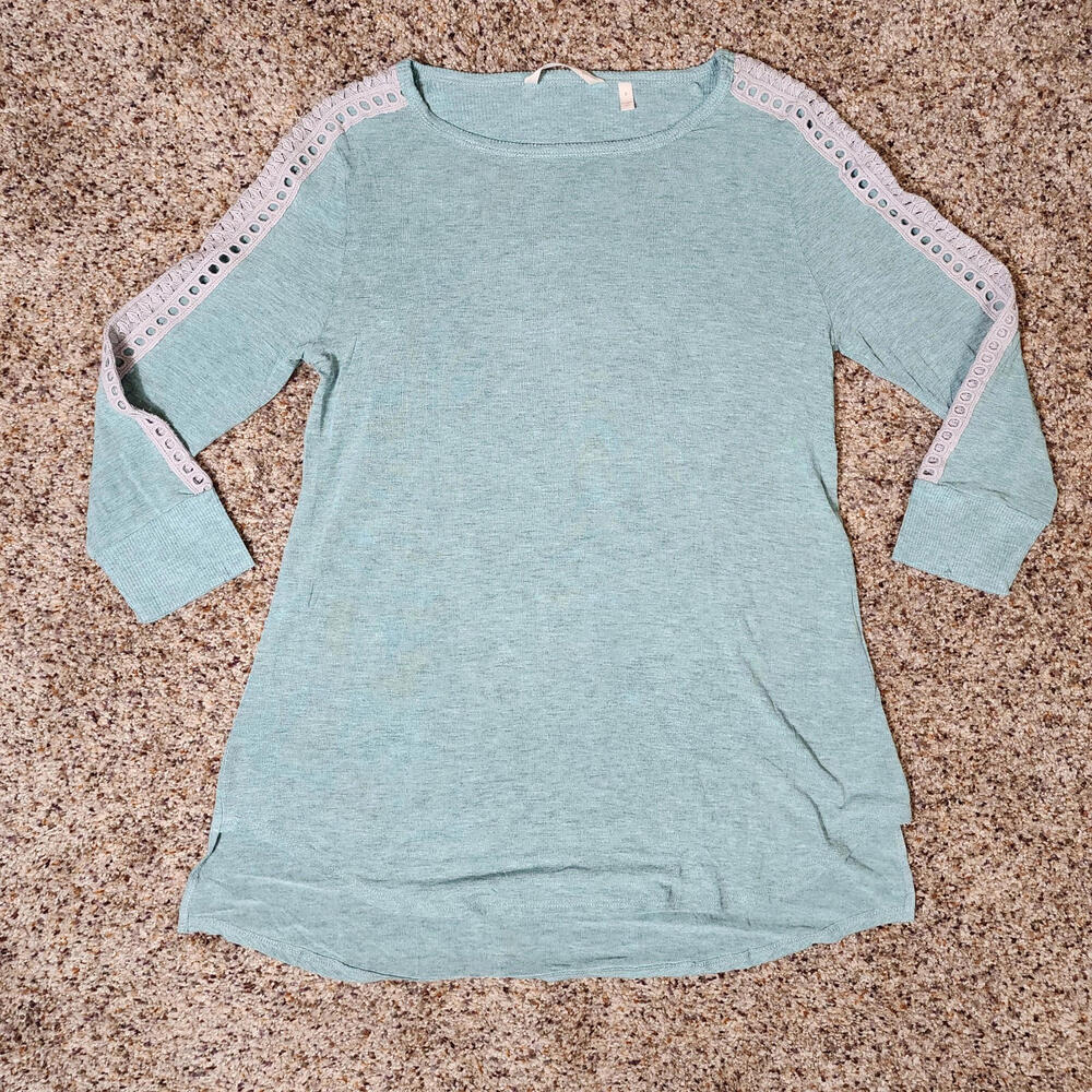 Soft Surroundings Women's Small Aqua Blue Lace Accent 3/4 Sleeve Sweater